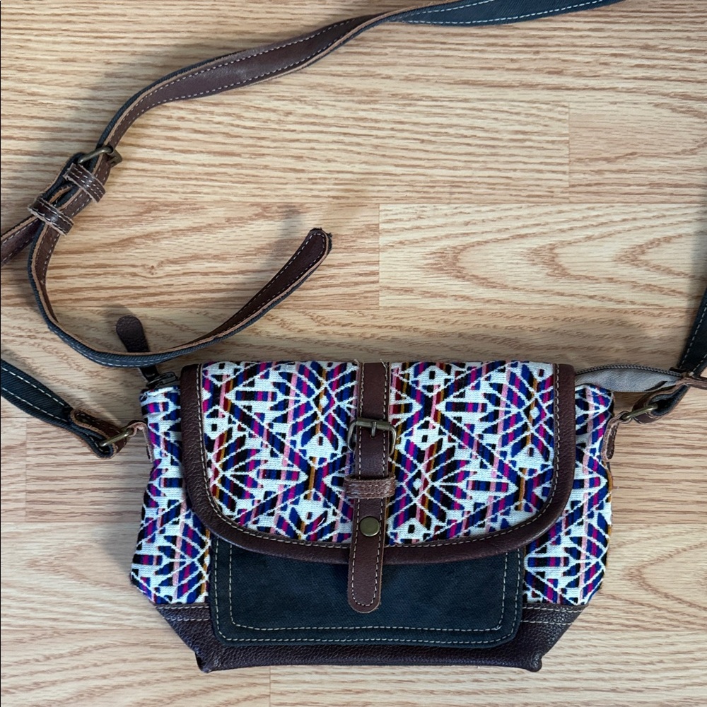 Myra Bag Multicolor Geometric Crossbody with Brown Trim